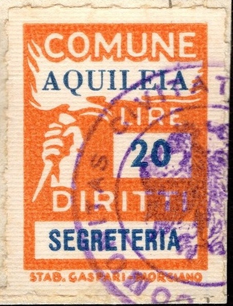 Marca da Bollo del Comune di AQUILEIA su Carta Bianca di dimensioni 18 x 24 mm