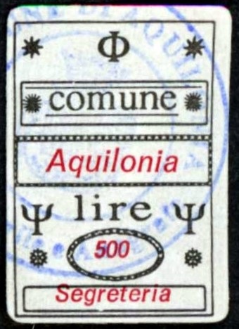 Marca da Bollo del Comune di AQUILONIA su Carta Bianca di dimensioni 18,5 x 27,5 mm