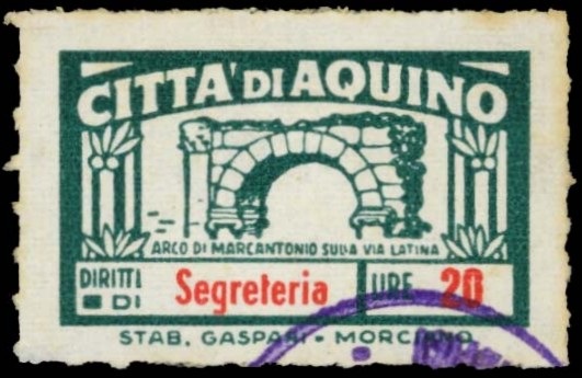 Marca da Bollo del Comune di AQUINO su Carta Bianca di dimensioni 29,5 x 18,5 mm