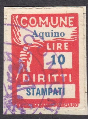 Marca da Bollo del Comune di AQUINO su Carta Bianca di dimensioni 19 x 26,5 mm