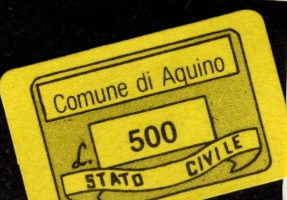 Marca da Bollo del Comune di AQUINO su Carta Colorata di dimensioni 20 x 14 mm