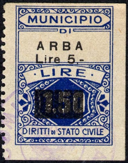 Marca da Bollo del Comune di ARBA su Carta Bianca di dimensioni 22,5 x 29 mm
