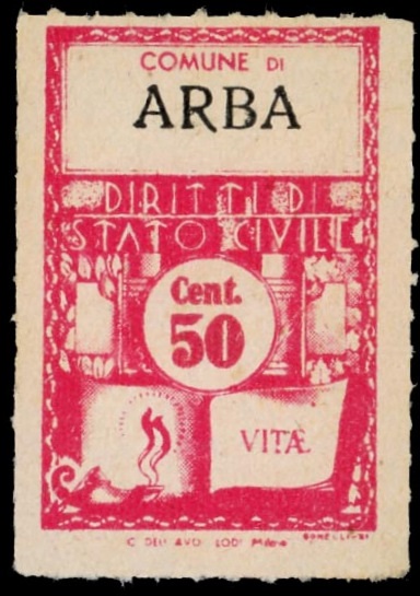 Marca da Bollo del Comune di ARBA su Carta Bianca Sottile di dimensioni 21 x 28 mm