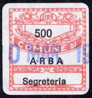 Marca da Bollo del Comune di ARBA su Carta Bianca di dimensioni 19 x 21 mm