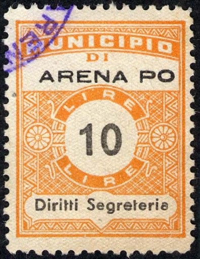 Marca da Bollo del Comune di ARENA PO su Carta Bianca Sottile di dimensioni 22,5 x 28,5 mm