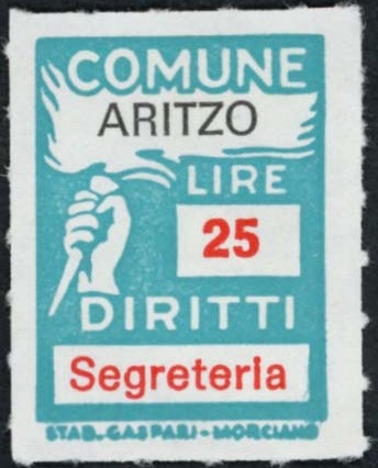 Marca da Bollo del Comune di ARITZO su Carta Bianca di dimensioni 18,5 x 25,5 mm