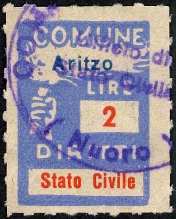 Marca da Bollo del Comune di ARITZO su Carta Bianca di dimensioni 18,5 x 25 mm
