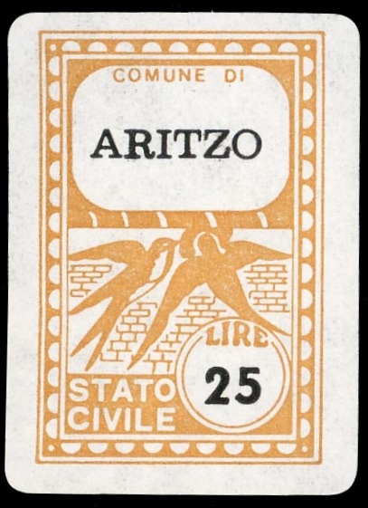 Marca da Bollo del Comune di ARITZO su Carta Bianca di dimensioni 21,5 x 33 mm