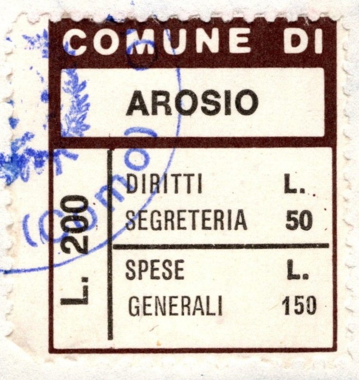 Marca da Bollo del Comune di AROSIO su Carta Bianca di dimensioni 24 x 27 mm