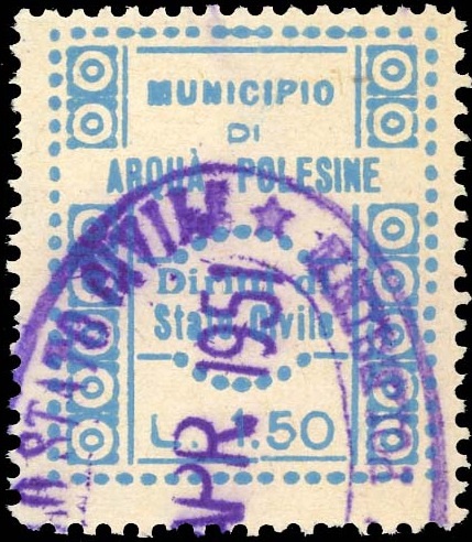 Marca da Bollo del Comune di ARQUA´ POLESINE su Carta Bianca Sottile di dimensioni 25,5 x 29 mm
