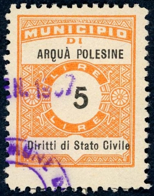 Marca da Bollo del Comune di ARQUA´ POLESINE su Carta Bianca Sottile di dimensioni 22 x 29 mm