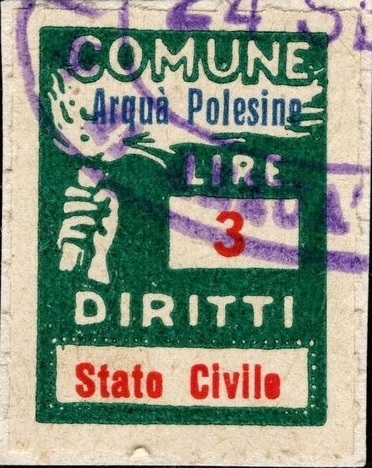 Marca da Bollo del Comune di ARQUA´ POLESINE su Carta Bianca Sottile di dimensioni 18 x 24 mm