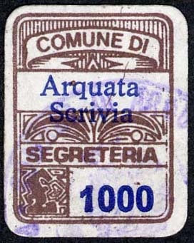 Marca da Bollo del Comune di ARQUATA SCRIVIA su Carta Bianca di dimensioni 15,5 x 20,5 mm