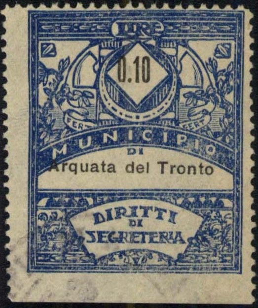 Marca da Bollo del Comune di ARQUATA DEL TRONTO su Carta Bianca di dimensioni 21,5 x 28 mm