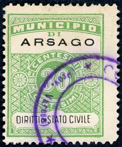 Marca da Bollo del Comune di ARSAGO SEPRIO su Carta Bianca Sottile di dimensioni 23,5 x 30 mm