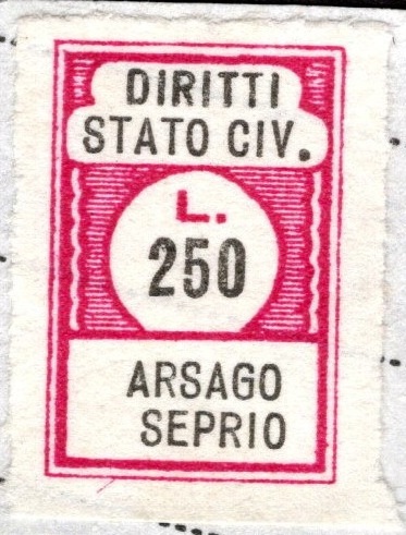Marca da Bollo del Comune di ARSAGO SEPRIO su Carta Bianca di dimensioni 22 x 28 mm