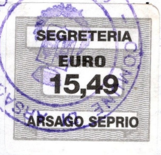 Marca da Bollo del Comune di ARSAGO SEPRIO su Carta Bianca di dimensioni 20 x 20 mm