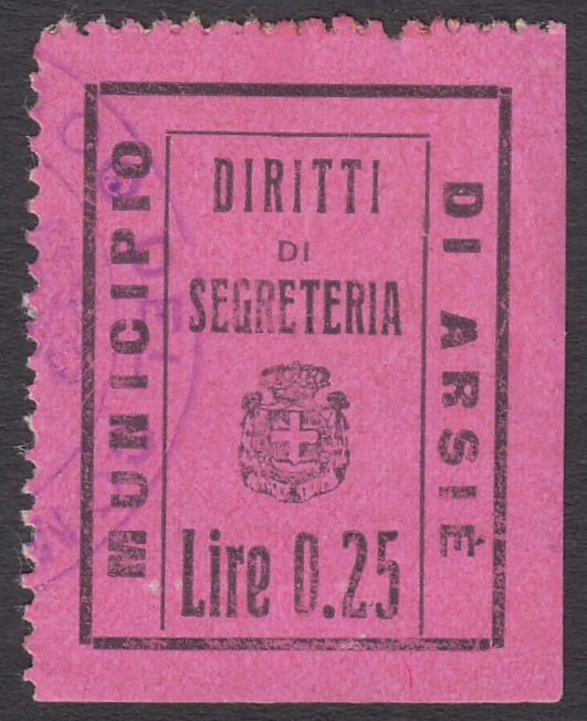Marca da Bollo del Comune di ARSIE´ su Carta Colorata di dimensioni 23 x 31 mm