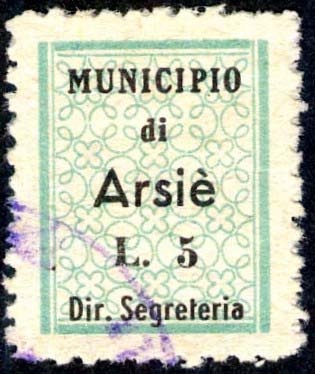 Marca da Bollo del Comune di ARSIE´ su Carta Bianca di dimensioni mm