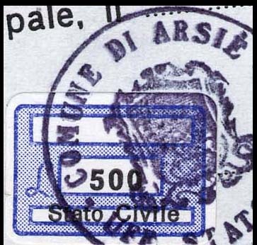 Marca da Bollo del Comune di ARSIE´ su Carta Bianca di dimensioni 19 x 13,5 mm