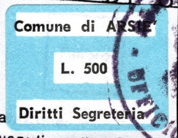 Marca da Bollo del Comune di ARSIE´ su Carta Bianca di dimensioni 20 x 13,5 mm