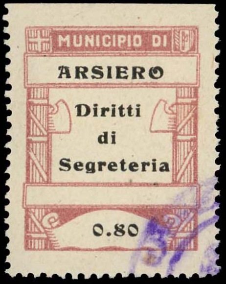 Marca da Bollo del Comune di ARSIERO su Carta Bianca di dimensioni 25 x 30 mm