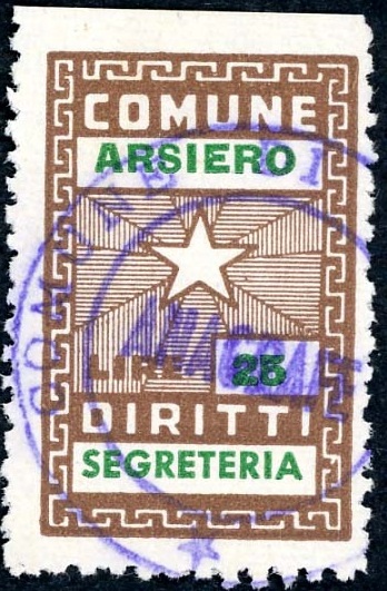 Marca da Bollo del Comune di ARSIERO su Carta Bianca Sottile di dimensioni 19 x 30,5 mm