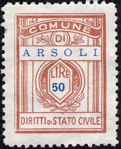 Marca da Bollo del Comune di ARSOLI su Carta Bianca di dimensioni 21,5 x 28,5 mm