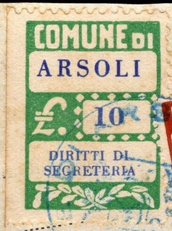 Marca da Bollo del Comune di ARSOLI su Carta Bianca di dimensioni 21,5 x 26 mm