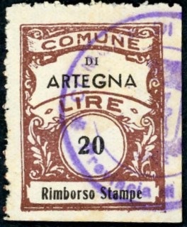 Marca da Bollo del Comune di ARTEGNA su Carta Bianca Sottile di dimensioni 22,5 x 29 mm
