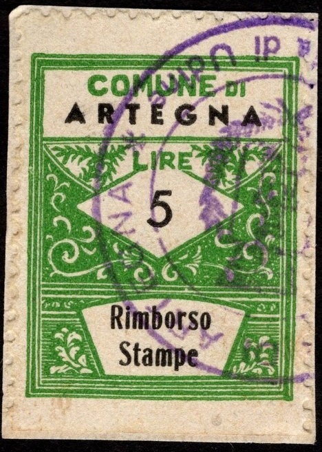 Marca da Bollo del Comune di ARTEGNA su Carta Bianca Sottile di dimensioni 22,5 x 29 mm