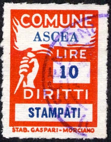 Marca da Bollo del Comune di ASCEA su Carta Bianca Sottile di dimensioni 18,5 x 26 mm