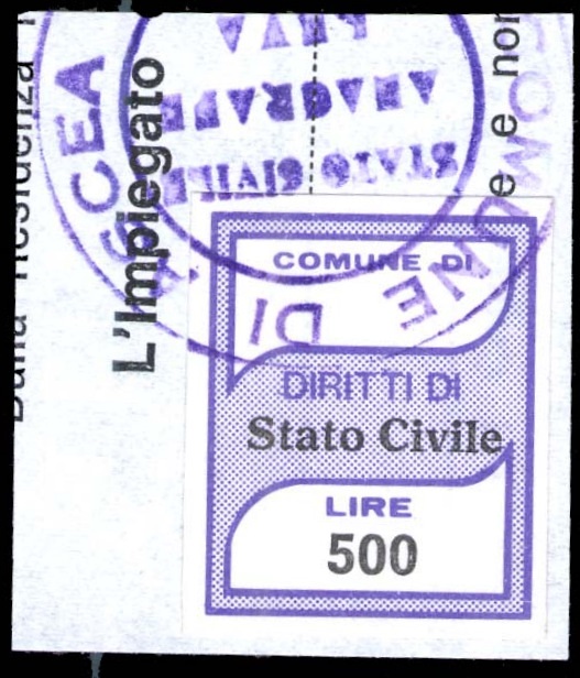Marca da Bollo del Comune di ASCEA su Carta Bianca di dimensioni 19,5 x 24 mm