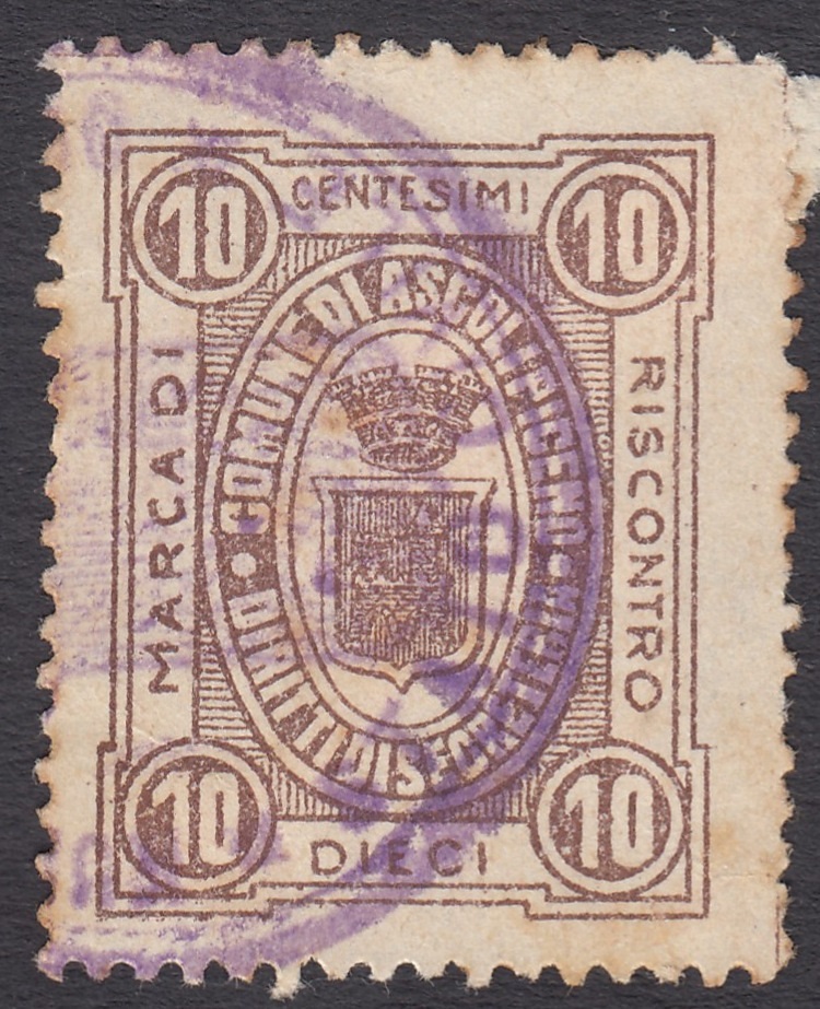 Marca da Bollo del Comune di ASCOLI PICENO su Carta Bianca Sottile di dimensioni 22 .5 x 29 mm