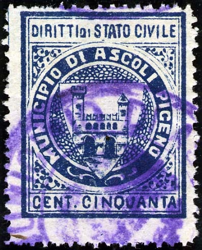 Marca da Bollo del Comune di ASCOLI PICENO su Carta Bianca Sottile di dimensioni 22,5 x 28,5 mm