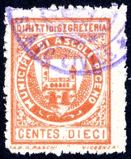 Marca da Bollo del Comune di ASCOLI PICENO su Carta Bianca Sottile di dimensioni 23 X 30 mm