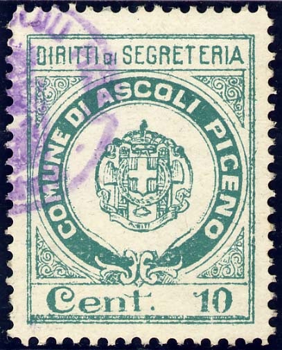 Marca da Bollo del Comune di ASCOLI PICENO su Carta Bianca Sottile di dimensioni 23 x 29,5 mm