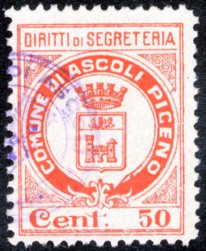 Marca da Bollo del Comune di ASCOLI PICENO su Carta Bianca Sottile di dimensioni 23 x 29,5 mm