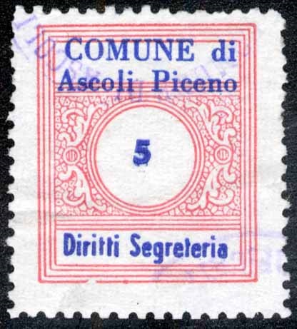 Marca da Bollo del Comune di ASCOLI PICENO su Carta Bianca Sottile di dimensioni 21,5 x 26 mm