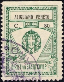 Marca da Bollo del Comune di ASIGLIANO VENETO su Carta Bianca di dimensioni 22,5 x 30 mm