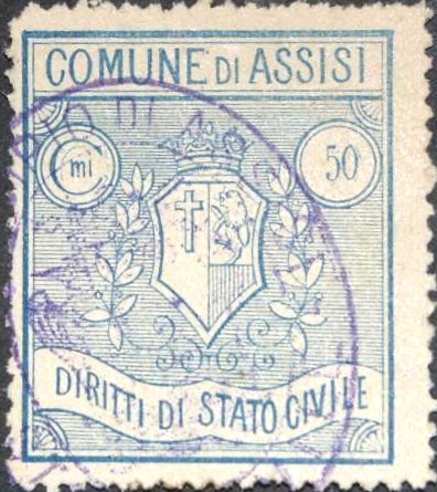 Marca da Bollo del Comune di ASSISI su Carta Bianca Sottile di dimensioni 23 x 28 mm