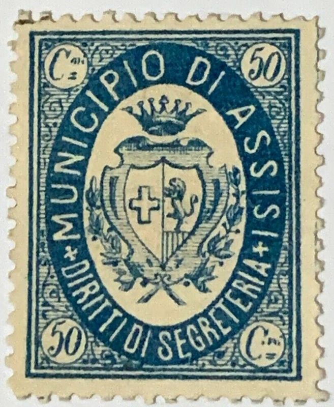 Marca da Bollo del Comune di ASSISI su Carta Bianca di dimensioni 22 x 29 mm