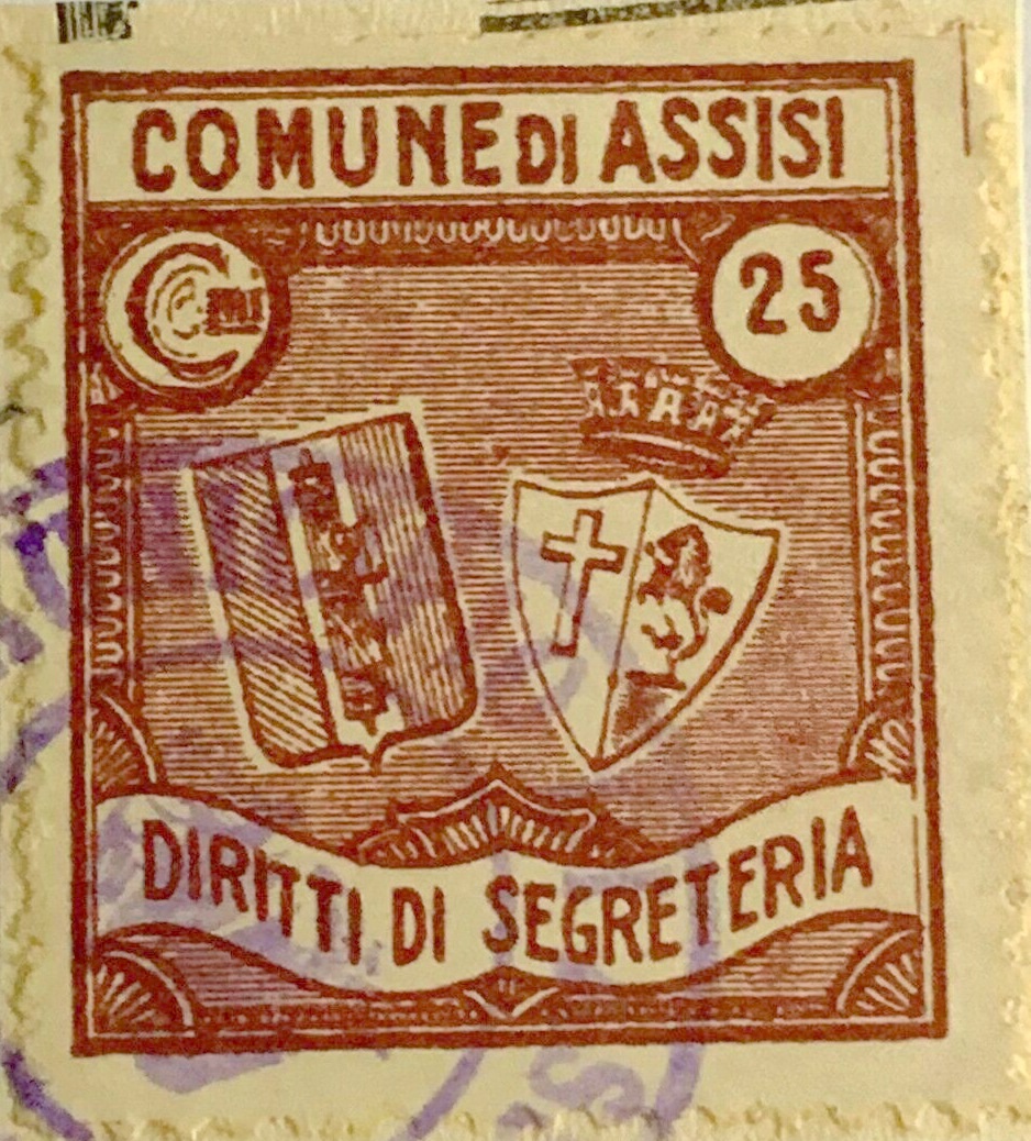 Marca da Bollo del Comune di ASSISI su Carta Bianca di dimensioni 23 x 26 mm