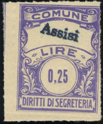 Marca da Bollo del Comune di ASSISI su Carta Bianca di dimensioni 22,5 x 29 mm