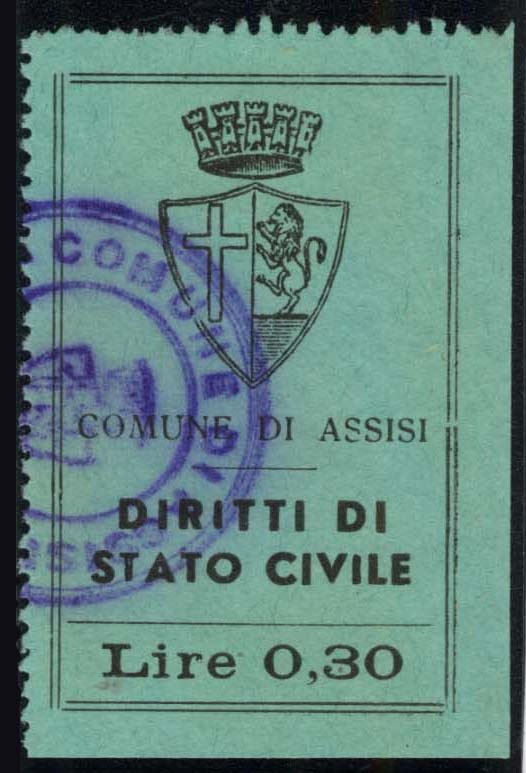 Marca da Bollo del Comune di ASSISI su Carta Colorata di dimensioni mm