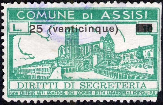 Marca da Bollo del Comune di ASSISI su Carta Bianca di dimensioni 41 x 24 mm