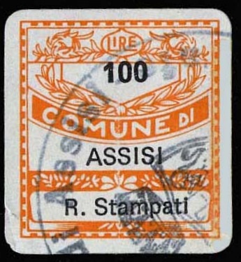 Marca da Bollo del Comune di ASSISI su Carta Bianca di dimensioni 19 x 21 mm