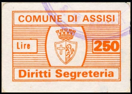 Marca da Bollo del Comune di ASSISI su Carta Bianca di dimensioni 25 x 16,5 mm