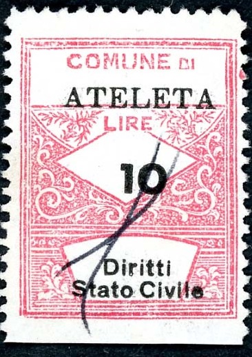 Marca da Bollo del Comune di ATELETA su Carta Bianca Sottile di dimensioni 22 x 29 mm