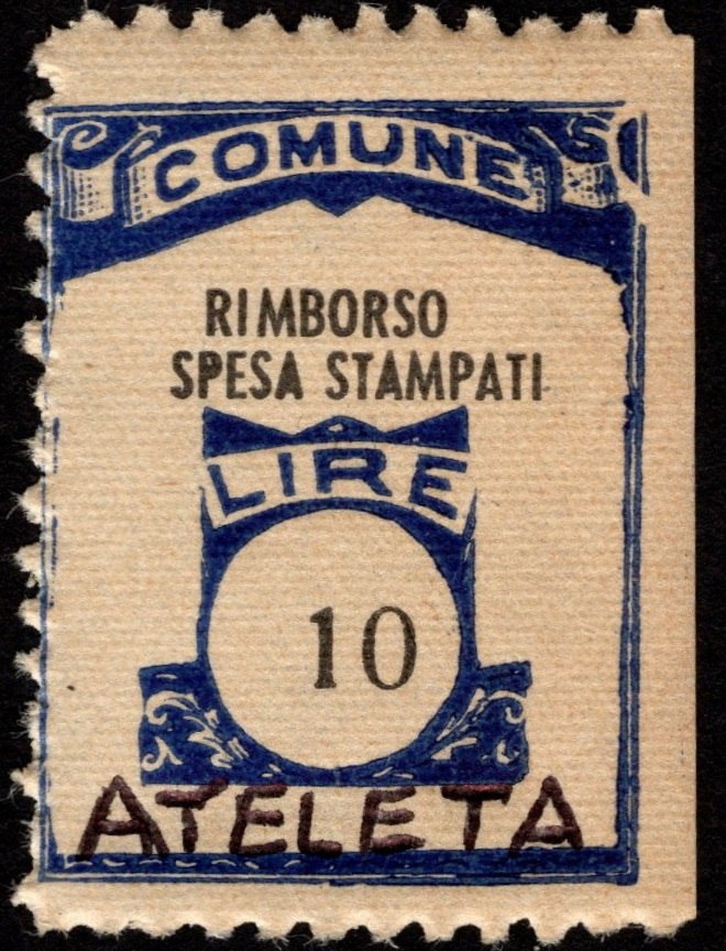 Marca da Bollo del Comune di ATELETA su Carta Bianca Sottile di dimensioni 22 x 29 mm